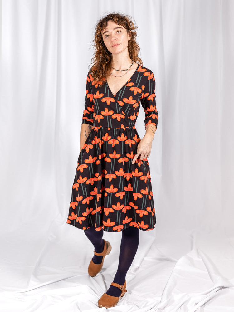 Callie 3/4 Sleeve Wrap Dress - Mod Daisy Poppy - Image 1