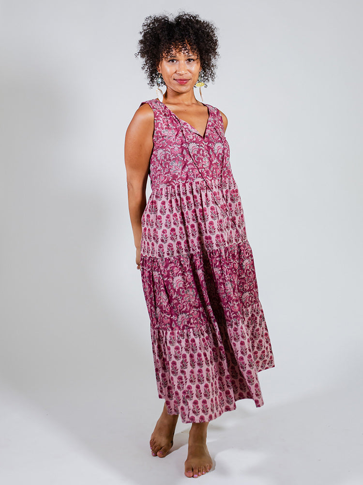 Thais Tiered Sleeveless Dress - Magenta Vine Floral - Image 11