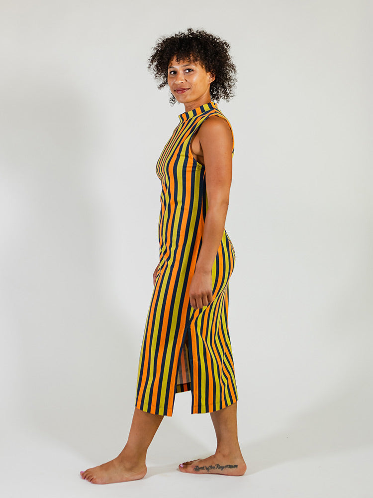 Maggie Mock Neck Dress - Navy Chartreuse Stripe - Image 5