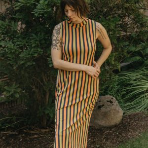 Maggie Mock Neck Dress - Navy Chartreuse Stripe - Image 4