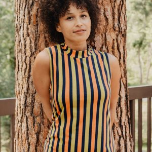 Maggie Mock Neck Dress - Navy Chartreuse Stripe - Image 8