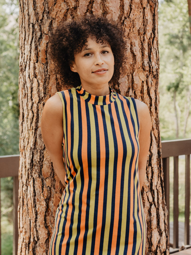 Maggie Mock Neck Dress - Navy Chartreuse Stripe - Image 8