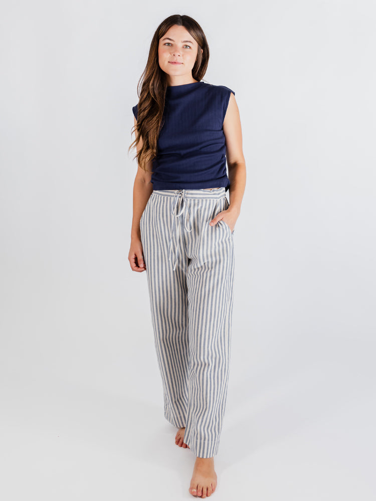 Emmy Drawstring Pant - Pinstripe Blue - Image 1