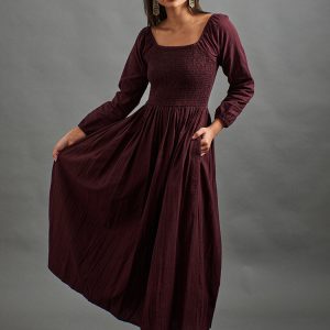 Hailee Smocked Midi Dress - Maroon Plaid - Image 1