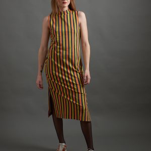 Maggie Mock Neck Dress - Navy Chartreuse Stripe - Image 3
