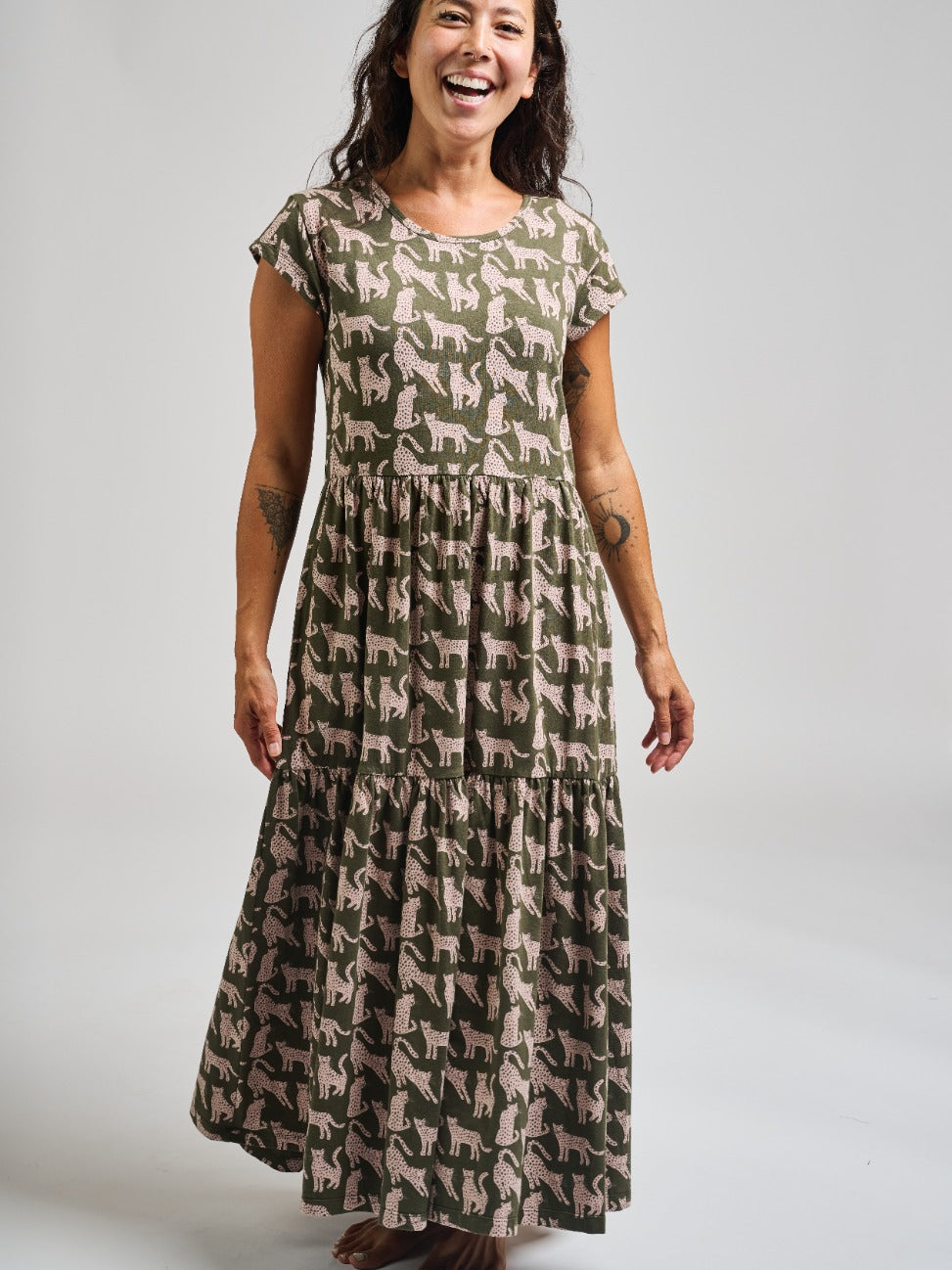 Tiered Jersey Dress - Leopard Green - Image 1